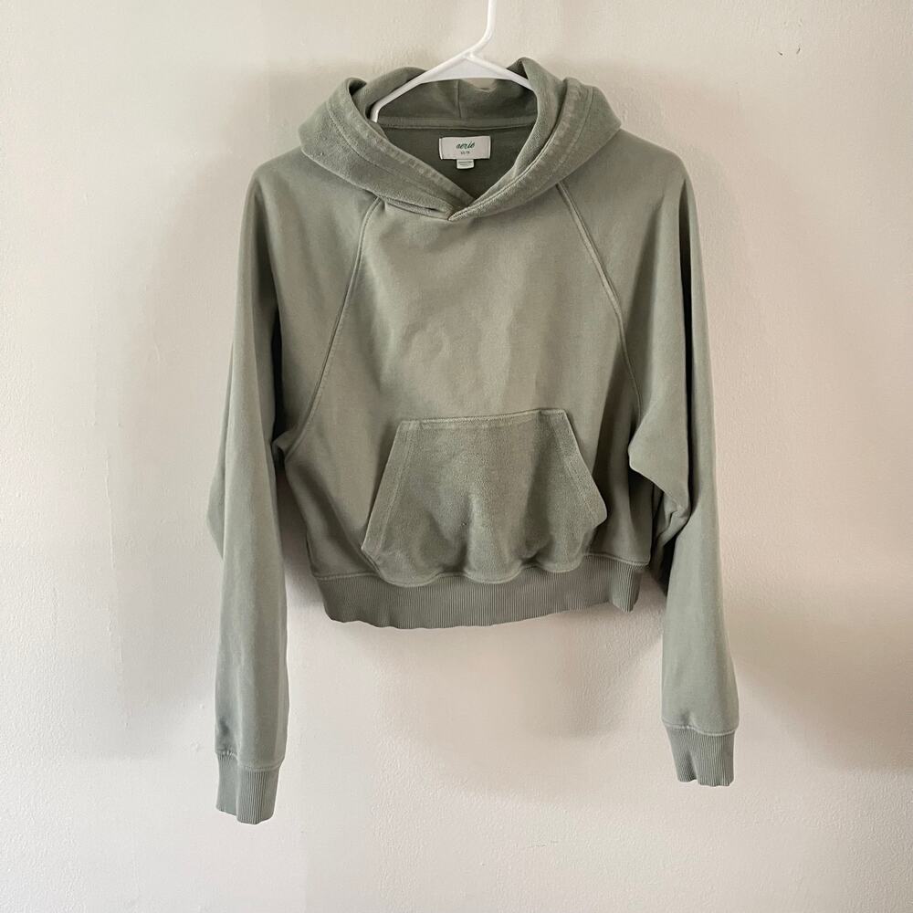 Aerie Hoodie Womens XS Sage Green Cropped Pullover Raglan Terry Cloth Pull Flaw